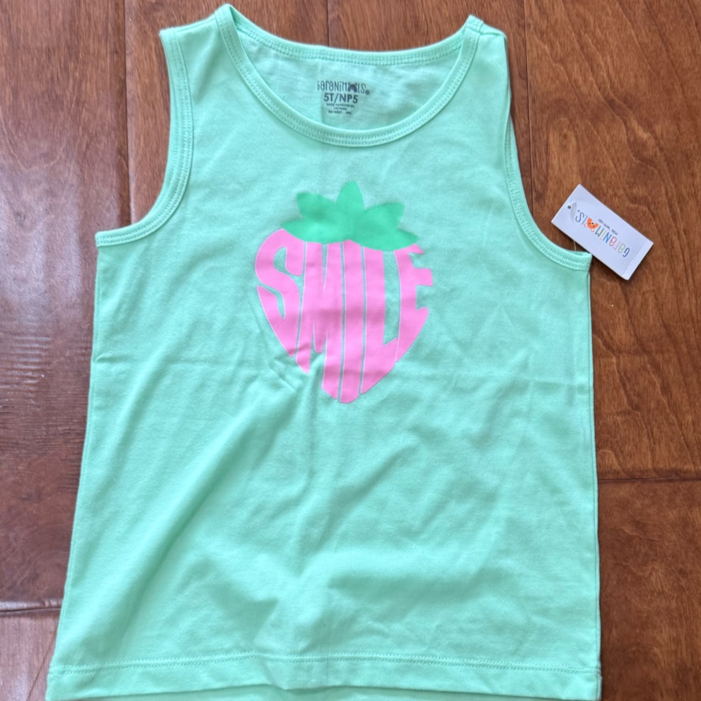 NWT Size 5T Mint Green Kids Tank Top with Pink Strawberry Design